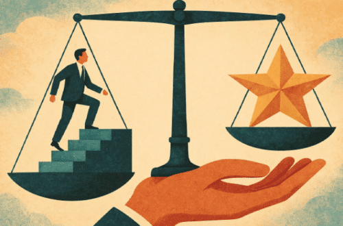 Bir terazinin bir kefesinde liyakatli bir şekilde merdiven çıkan insan, diğer kefesinde ise yıldız sembolü. Liyakat ve adaleti simgeleyen illüstrasyon.